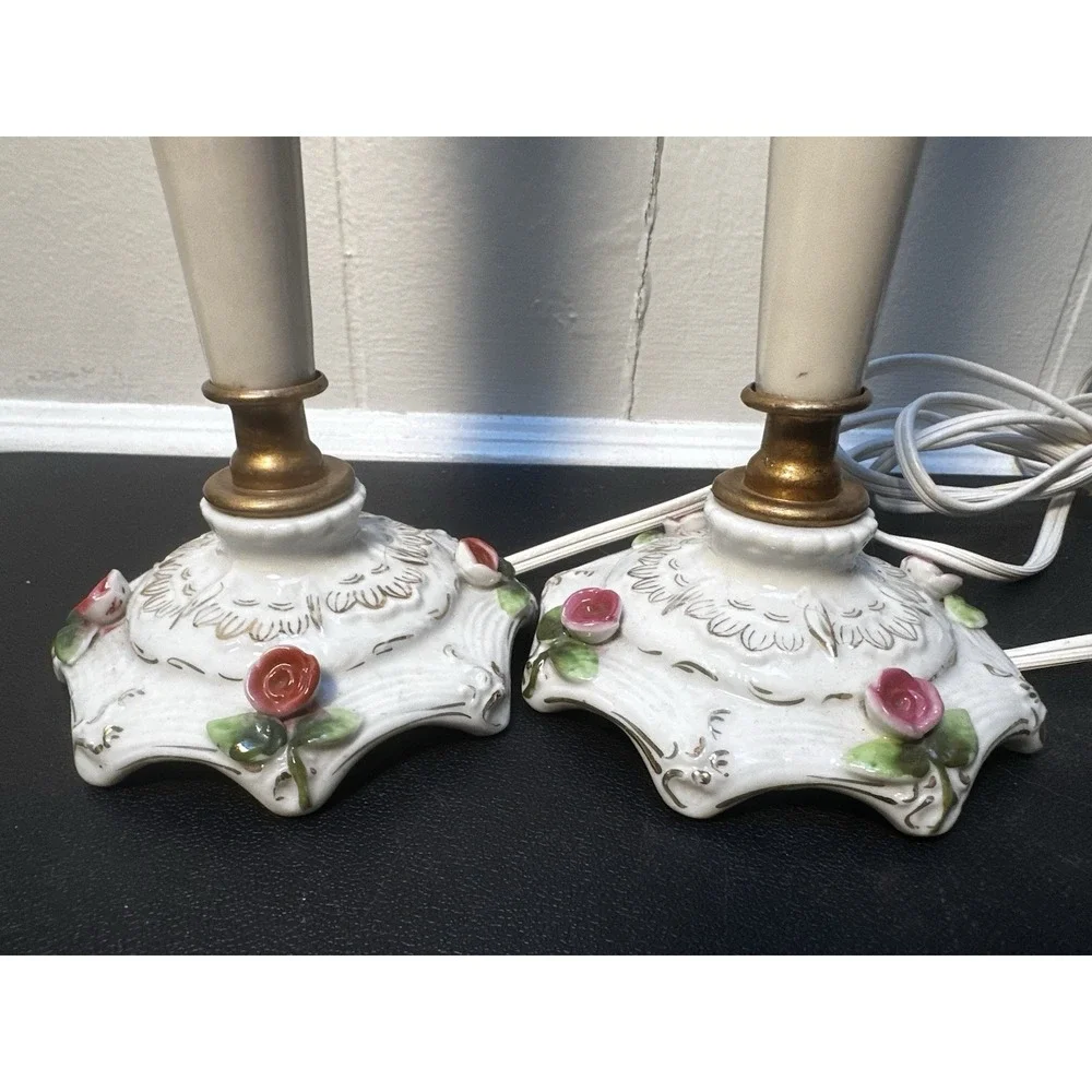 Vintage Porcelain Boudoir‎ Table Lamps Floral Rose Gold Accent Pair Working